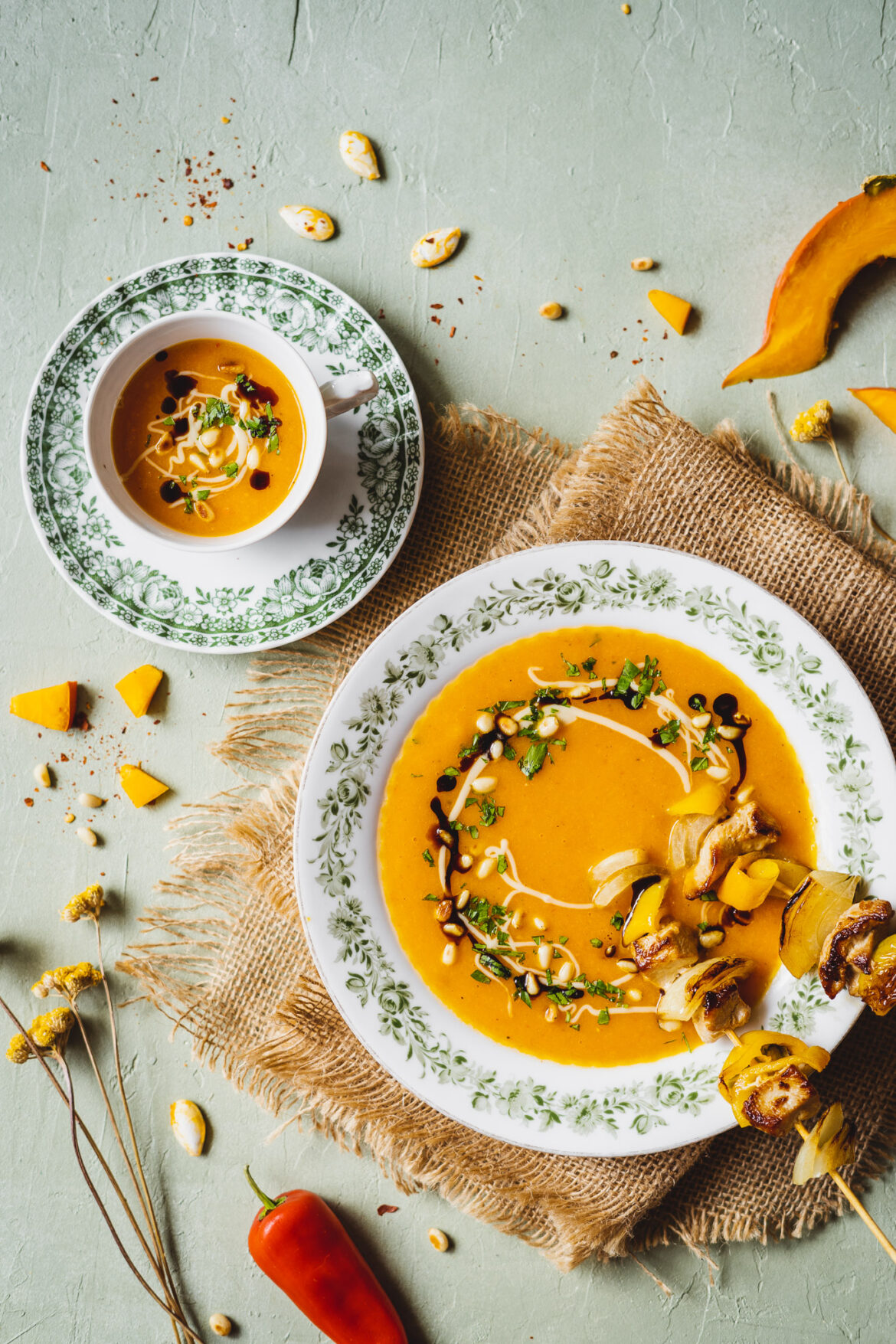 zupa krem dyniowa z szaszłykami z kurczaka